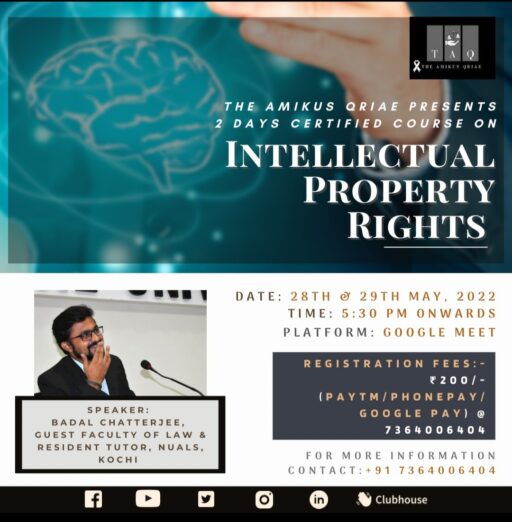 2 Days Certified Course on Intellectual Property Rights(IPR) by The Amikus Qriae.